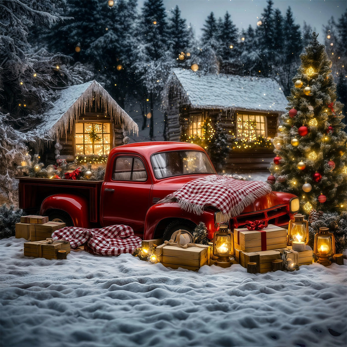 Christmas Truck Backdrop Vintage Car Woodland Cabin Muslin Backdrop Christmas UK RR69-32