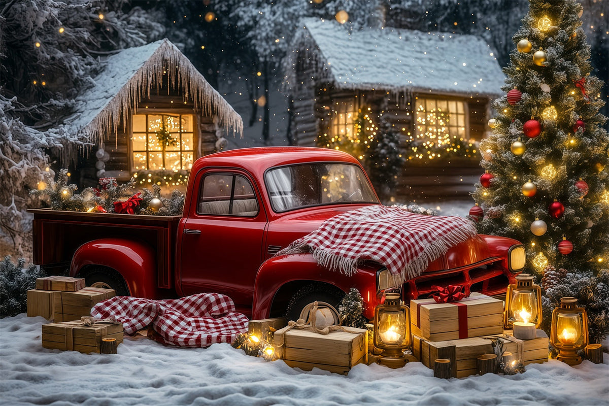 Christmas Truck Backdrop Vintage Car Woodland Cabin Muslin Backdrop Christmas UK RR69-32