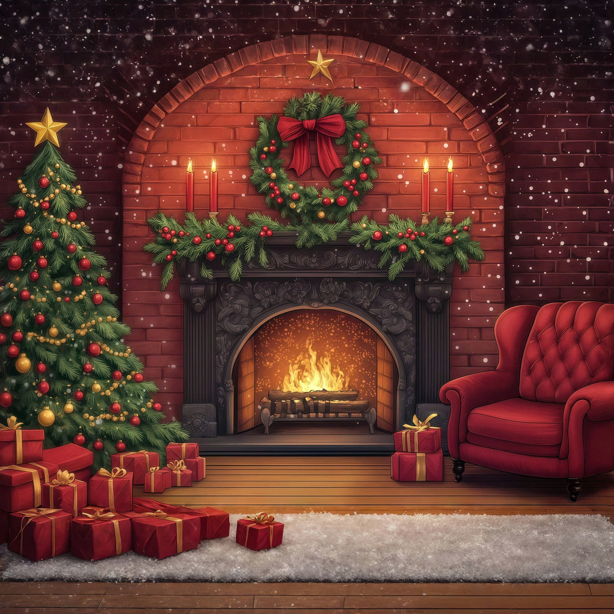 Cute Christmas Backdrop Brick Fireplace Garland Glow Photographic Backdrops Christmas UK RR69-33