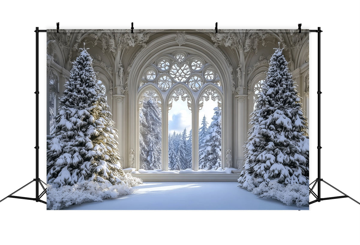 Christmas Tree Backdrop Snowy Gothic Window Forest Christmas Backdrop UK RR69-35