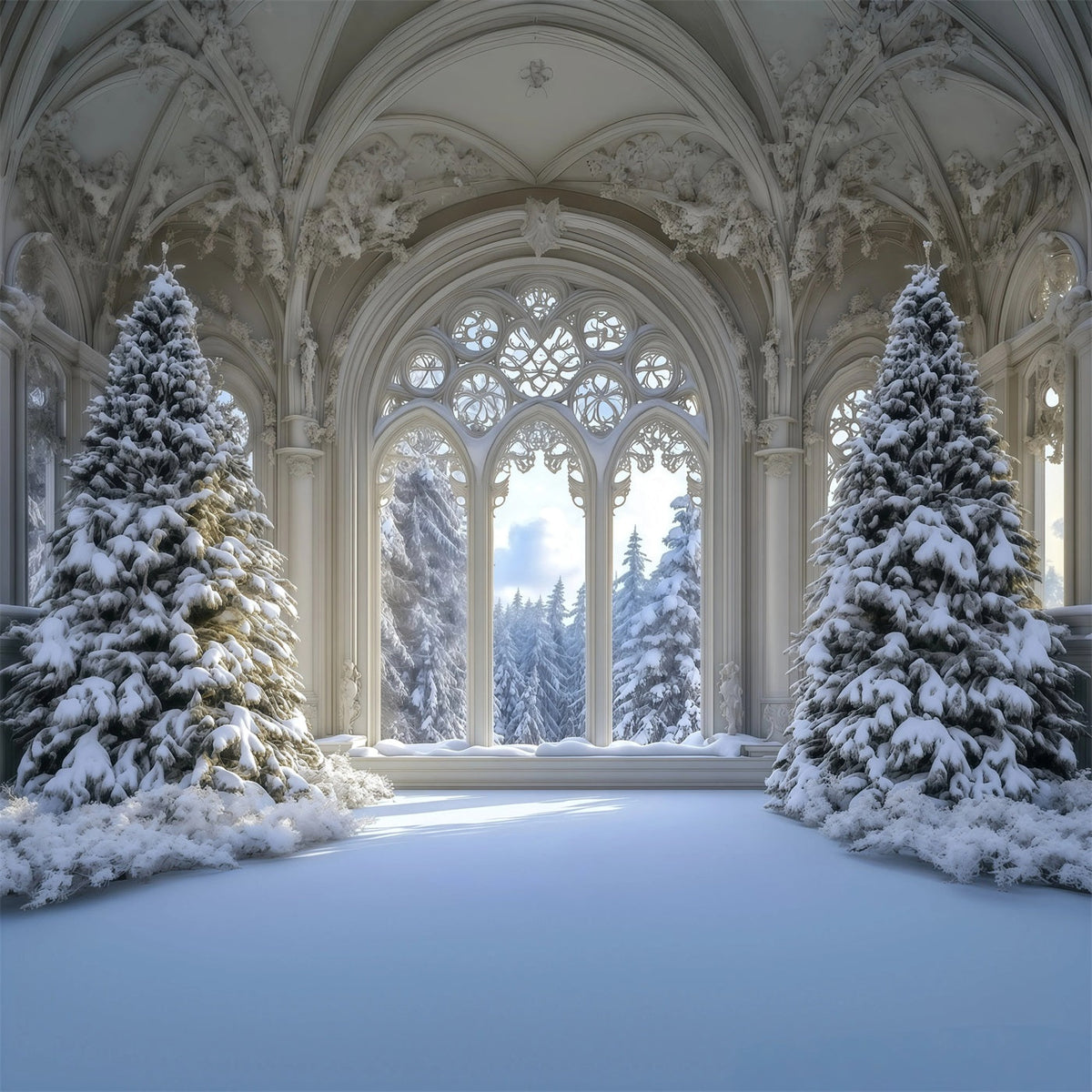 Christmas Tree Backdrop Snowy Gothic Window Forest Christmas Backdrop UK RR69-35