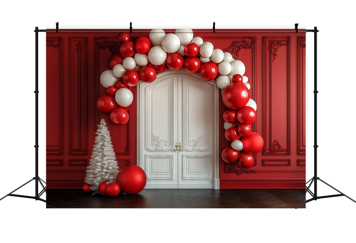 Christmas Balloon Arch Backdrop Red Wall White Door Entrance Christmas Backdrops UK RR69-36
