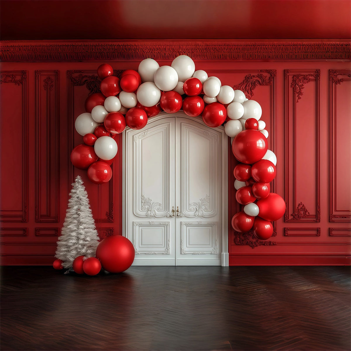 Christmas Balloon Arch Backdrop Red Wall White Door Entrance Christmas Backdrops UK RR69-36