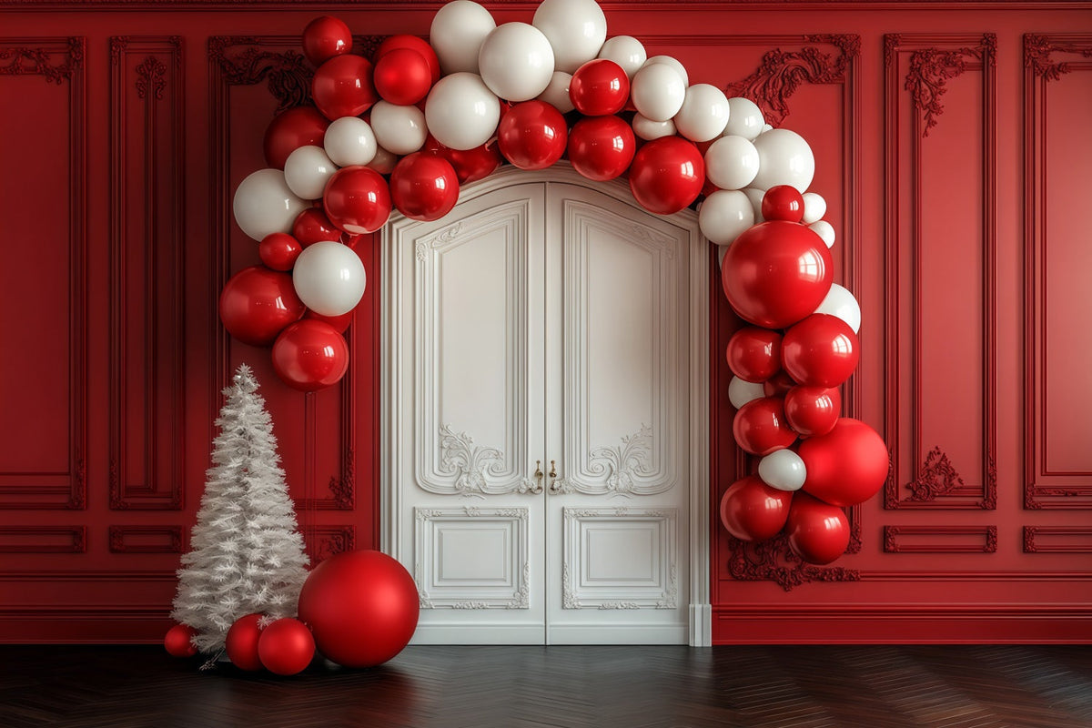 Christmas Balloon Arch Backdrop Red Wall White Door Entrance Christmas Backdrops UK RR69-36