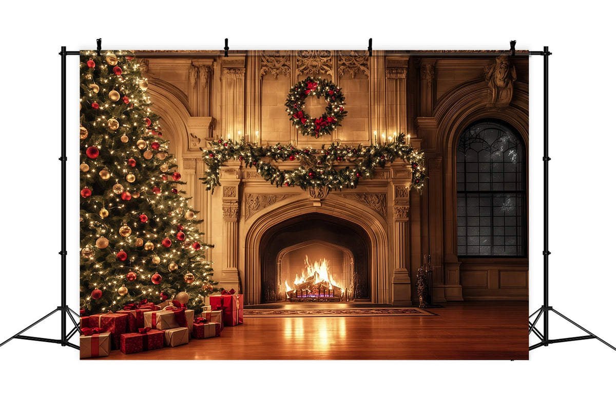 Cozy Christmas Backdrop Luxury Fireplace Garland Glow Christmas Photo Backdrop UK RR69-37