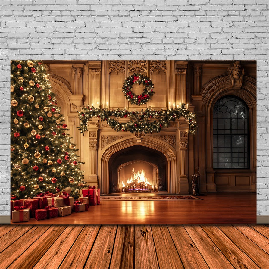 Cozy Christmas Backdrop Luxury Fireplace Garland Glow Christmas Photo Backdrop UK RR69-37