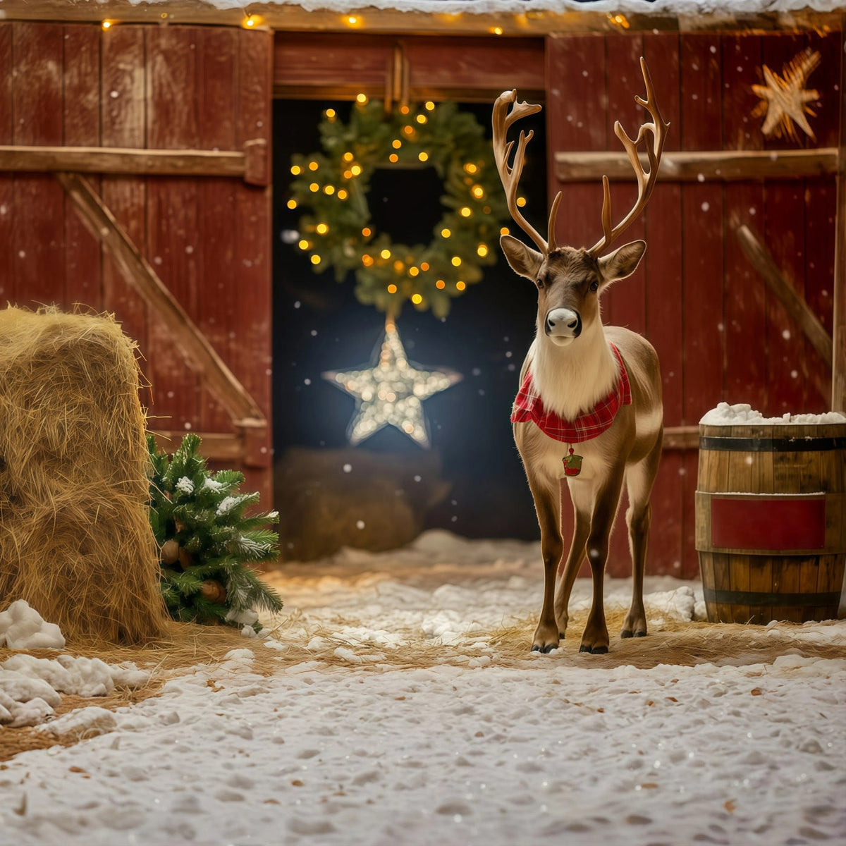 Christmas Barn Door Backdrop Rustic Reindeer Barn Entrance Backdrop Christmas UK RR69-39