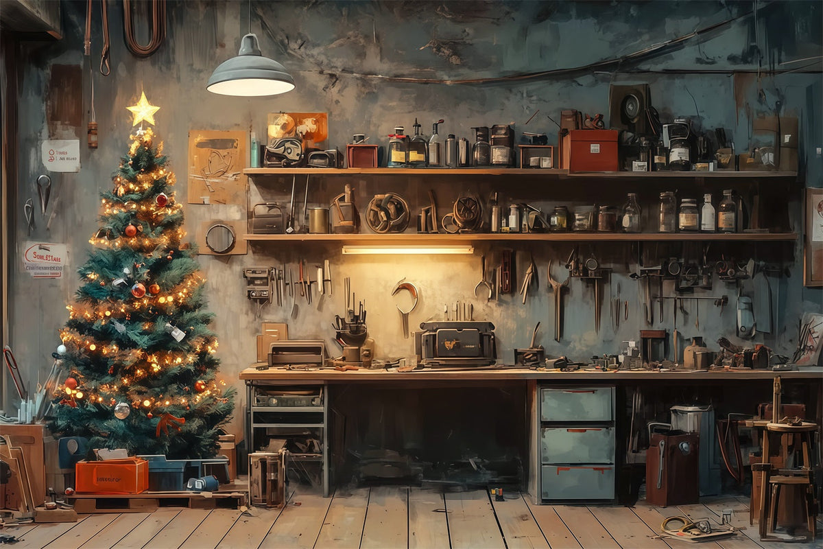 Santa Workshop Backdrop Rustic Room Tree Corner Professional Christmas Backdrops UK RR69-4