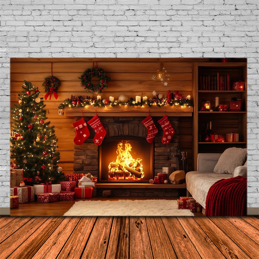 Rustic Christmas Backdrop Cabin Fireplace Stocking Decor Christmas Photography Backdrop UK RR69-40