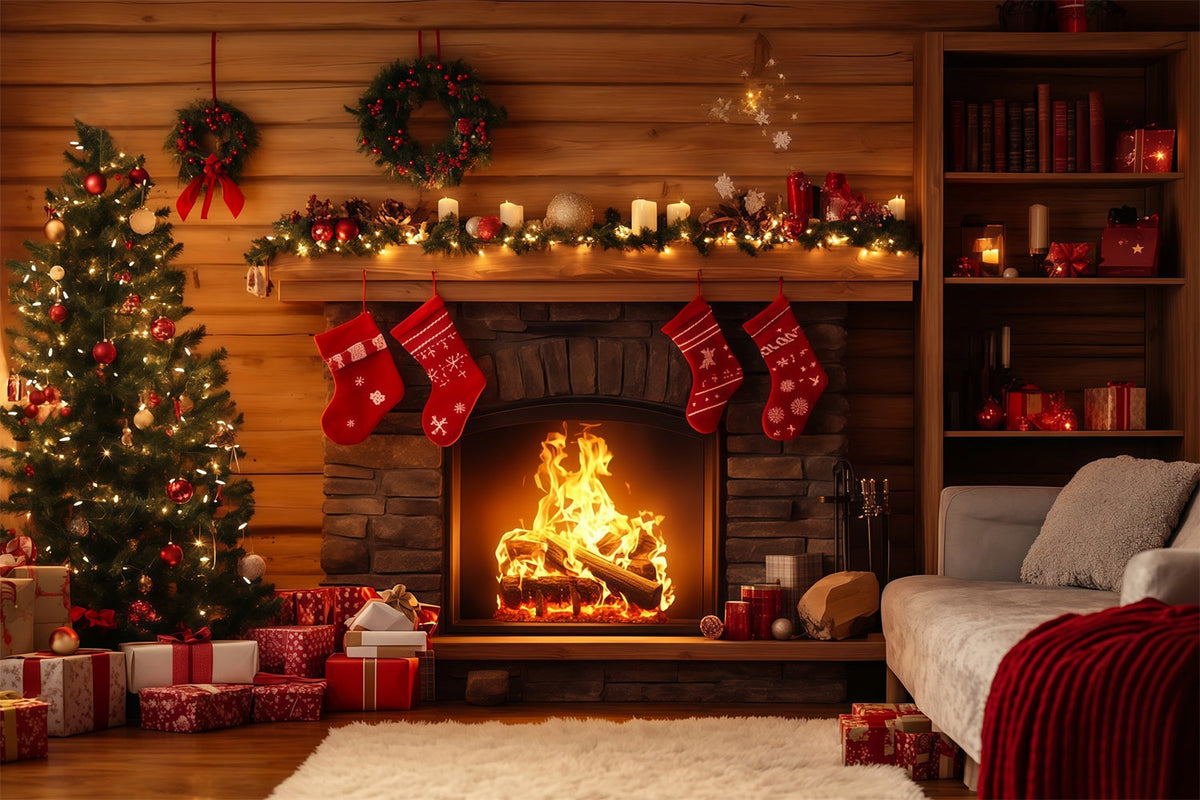 Rustic Christmas Backdrop Cabin Fireplace Stocking Decor Christmas Photography Backdrop UK RR69-40