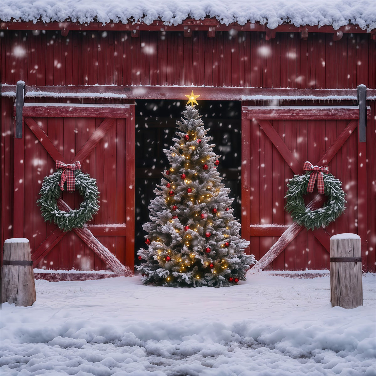 Christmas Barn Door Backdrop Snowy Barn Tree Wreath Professional Christmas Backdrops UK RR69-41