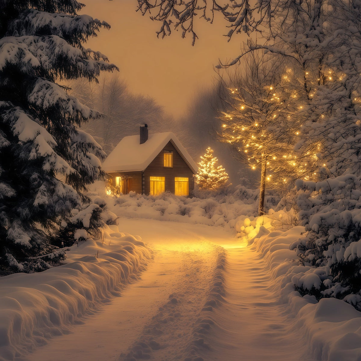 Winter Christmas Backdrop Snowy Forest Cabin Path Photo Backdrop Christmas UK RR69-43
