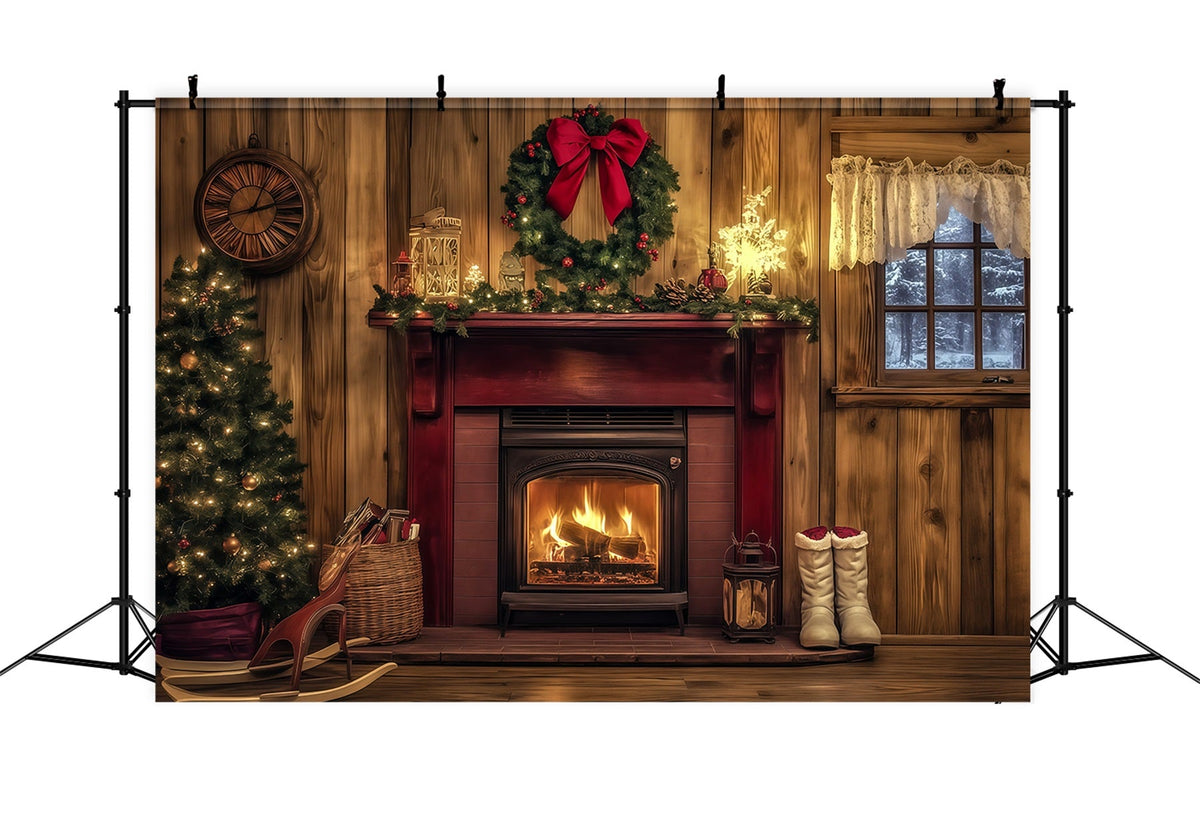 Wooden Christmas Backdrop Rustic Red Fireplace Mantel Large Christmas Backdrops UK RR69-44