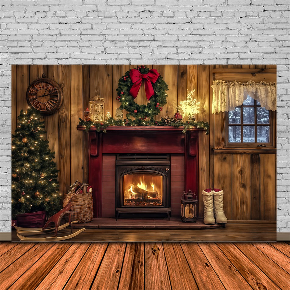 Wooden Christmas Backdrop Rustic Red Fireplace Mantel Large Christmas Backdrops UK RR69-44