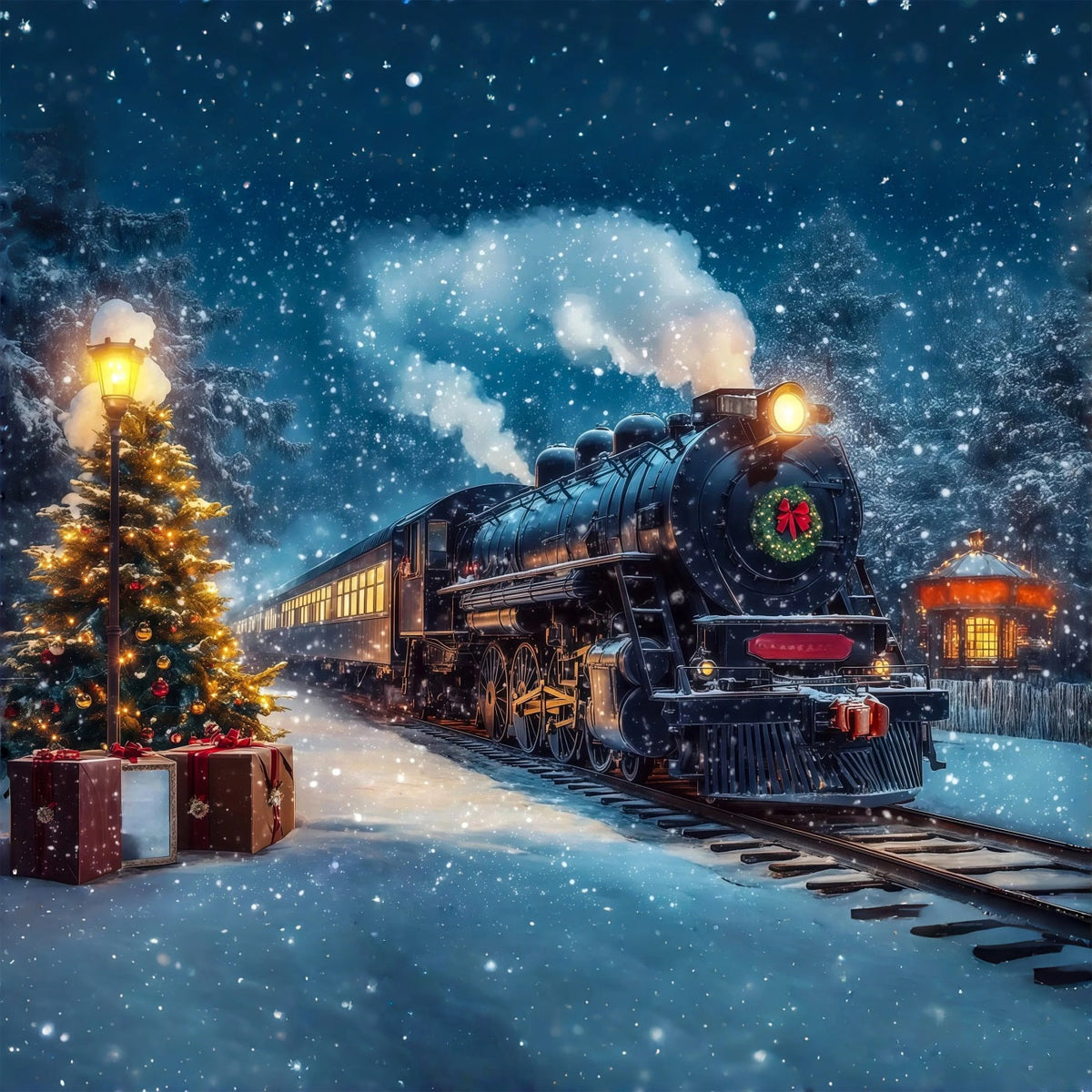 Christmas Train Backdrop Snowy Train Station Journey Large Christmas Backdrop UK RR69-47