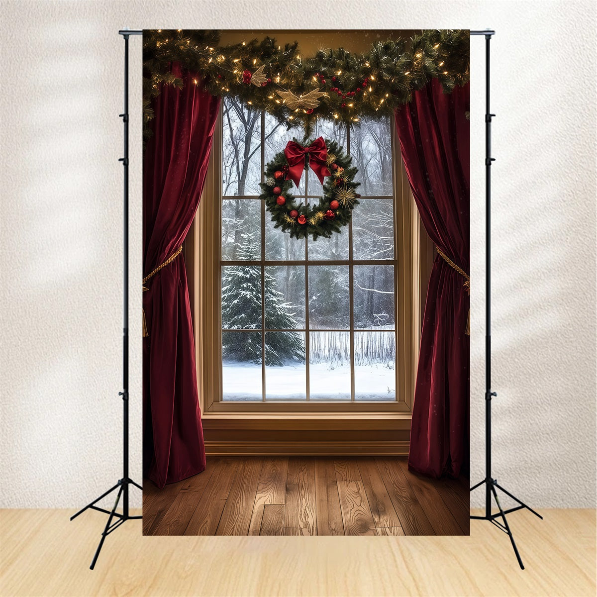 Christmas Window Backdrop Snowy View Velvet Curtain Photography Christmas Backdrop UK RR69-49