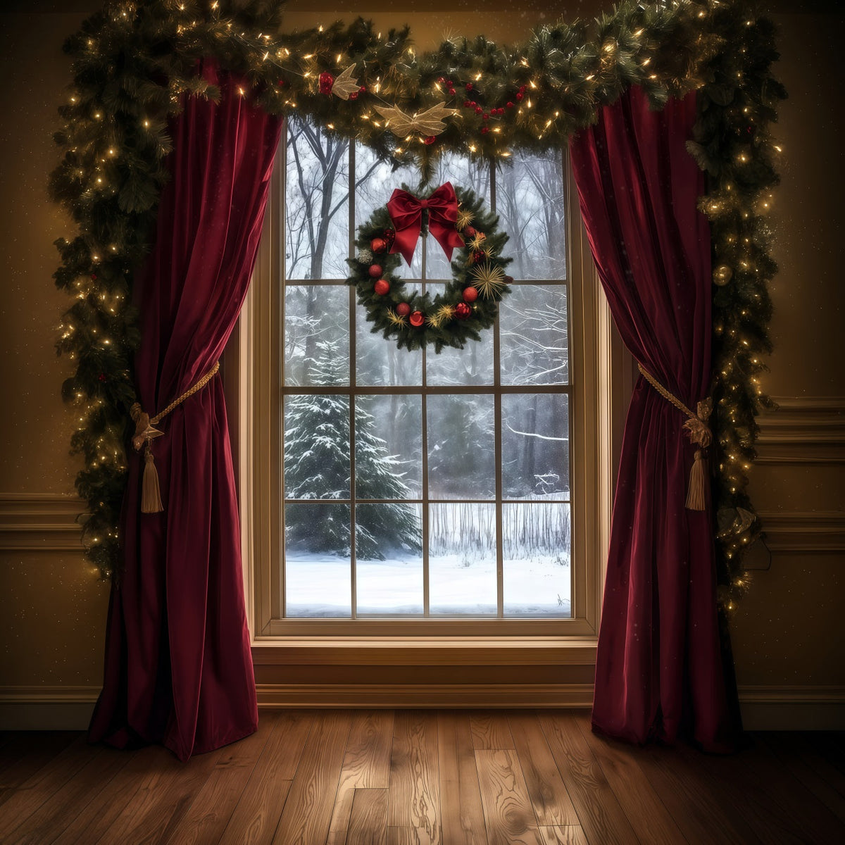 Christmas Window Backdrop Snowy View Velvet Curtain Photography Christmas Backdrop UK RR69-49