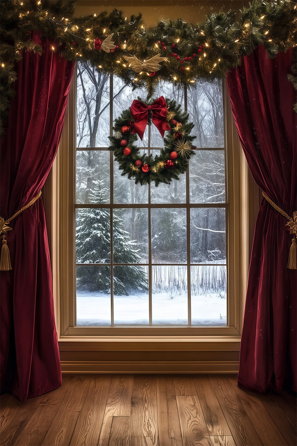 Christmas Window Backdrop Snowy View Velvet Curtain Photography Christmas Backdrop UK RR69-49
