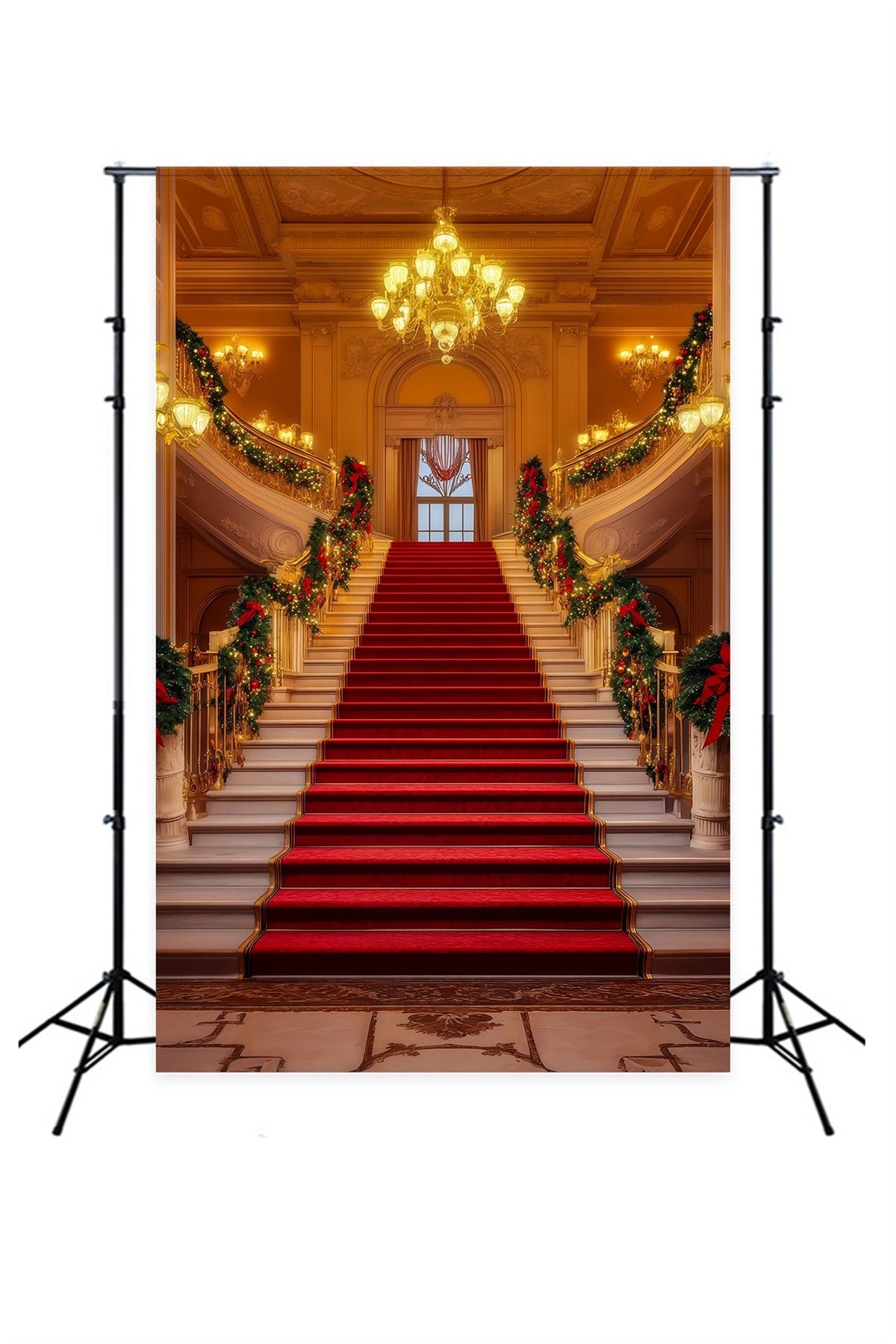 Christmas Stage Backdrops Grand Chandelier Staircase Hall Christmas Photography Backdrops UK RR69-5