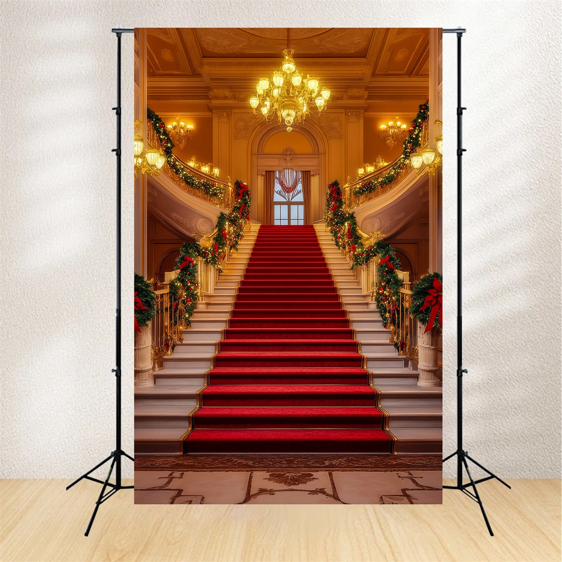 Christmas Stage Backdrops Grand Chandelier Staircase Hall Christmas Photography Backdrops UK RR69-5