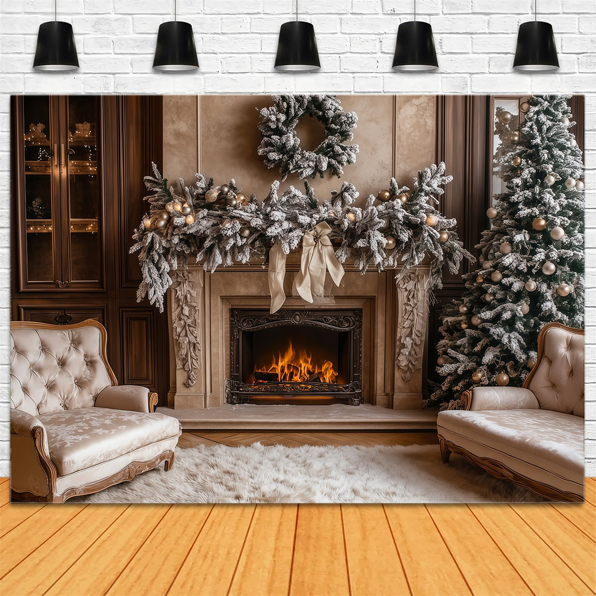 Christmas Living Room Backdrop Fireplace White Garland Photography Backdrops Christmas UK RR69-50