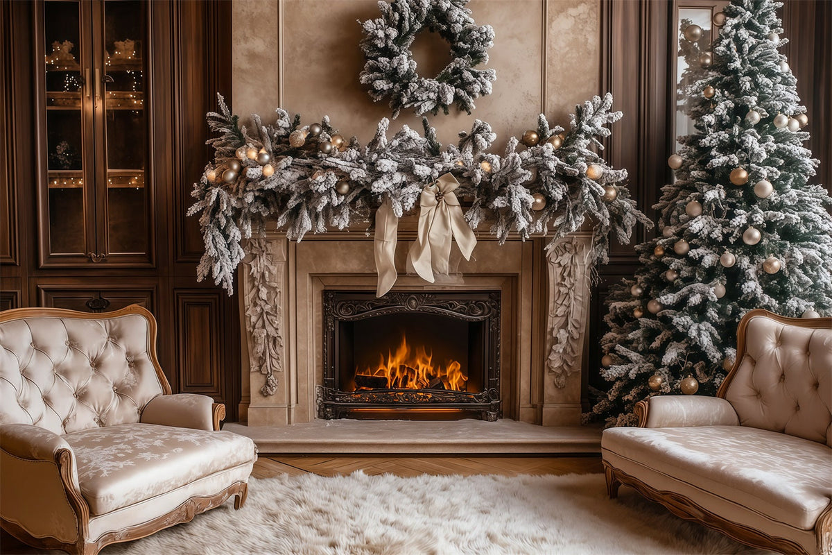 Christmas Living Room Backdrop Fireplace White Garland Photography Backdrops Christmas UK RR69-50