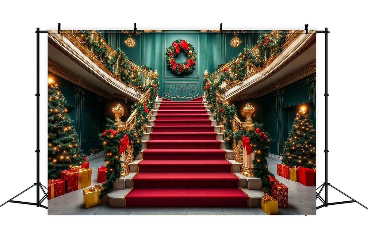 Classy Christmas Backdrop Grand Staircase Garland Entrance Christmas Wall Backdrops UK RR69-52