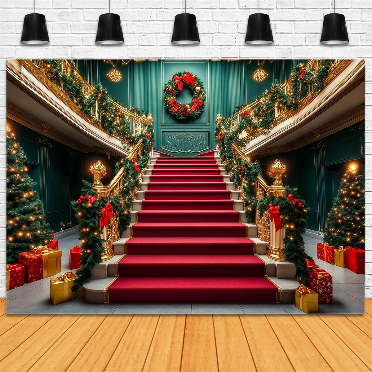 Classy Christmas Backdrop Grand Staircase Garland Entrance Christmas Wall Backdrops UK RR69-52
