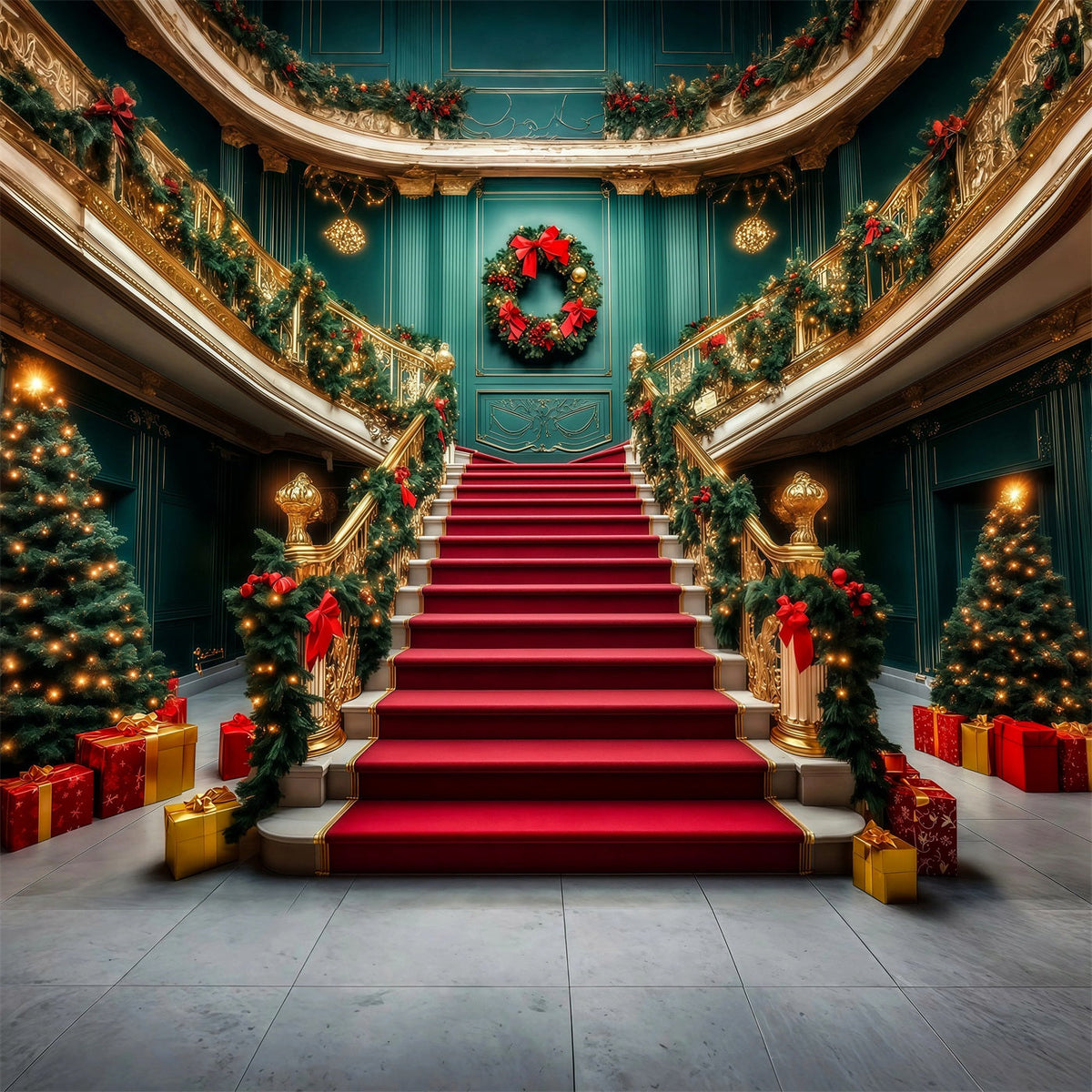Classy Christmas Backdrop Grand Staircase Garland Entrance Christmas Wall Backdrops UK RR69-52