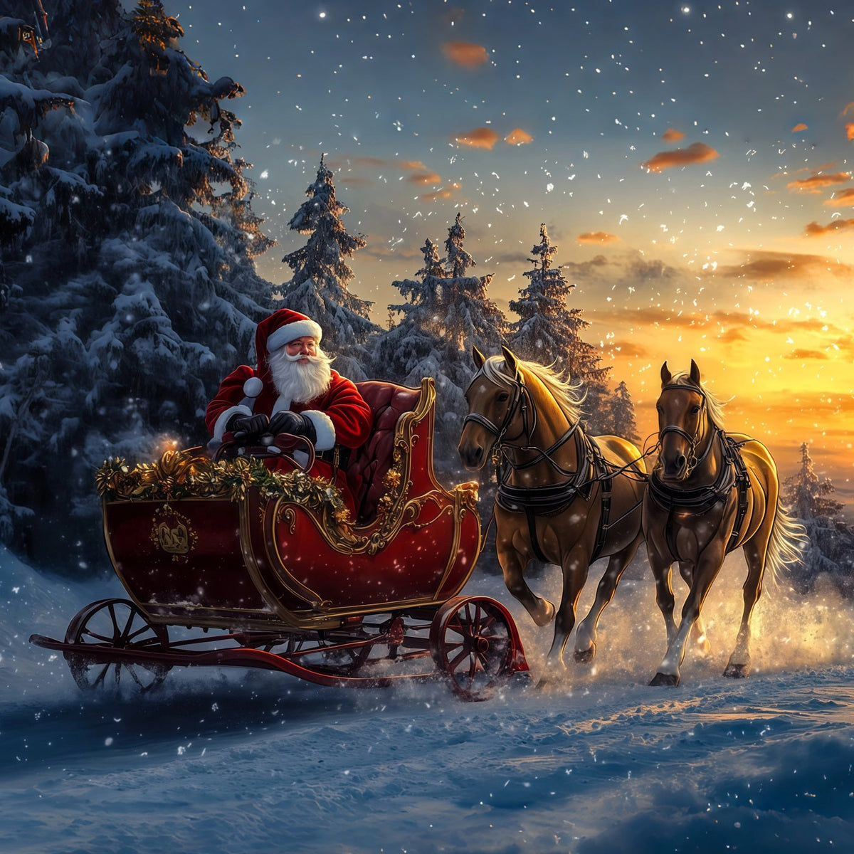 Christmas Santa Backdrop Santa Sleigh Snow Forest Photography Backdrop Christmas UK RR69-54