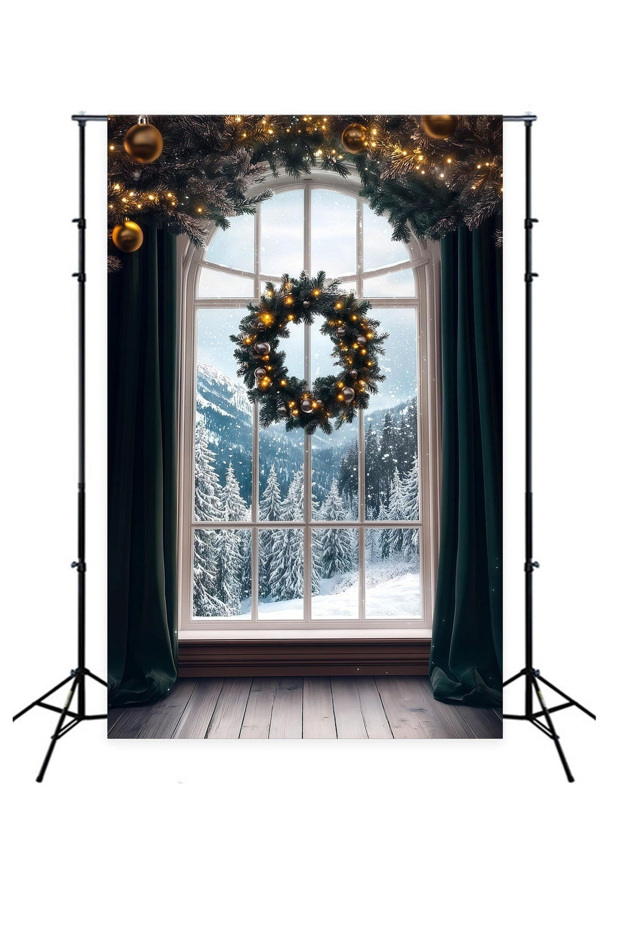 Christmas Window Backdrop Wreath Mountain Snow View Photo Christmas Backdrops UK RR69-58