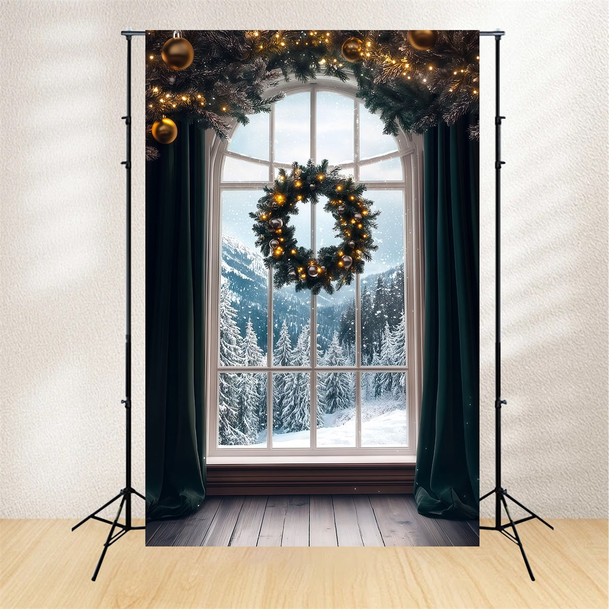Christmas Window Backdrop Wreath Mountain Snow View Photo Christmas Backdrops UK RR69-58