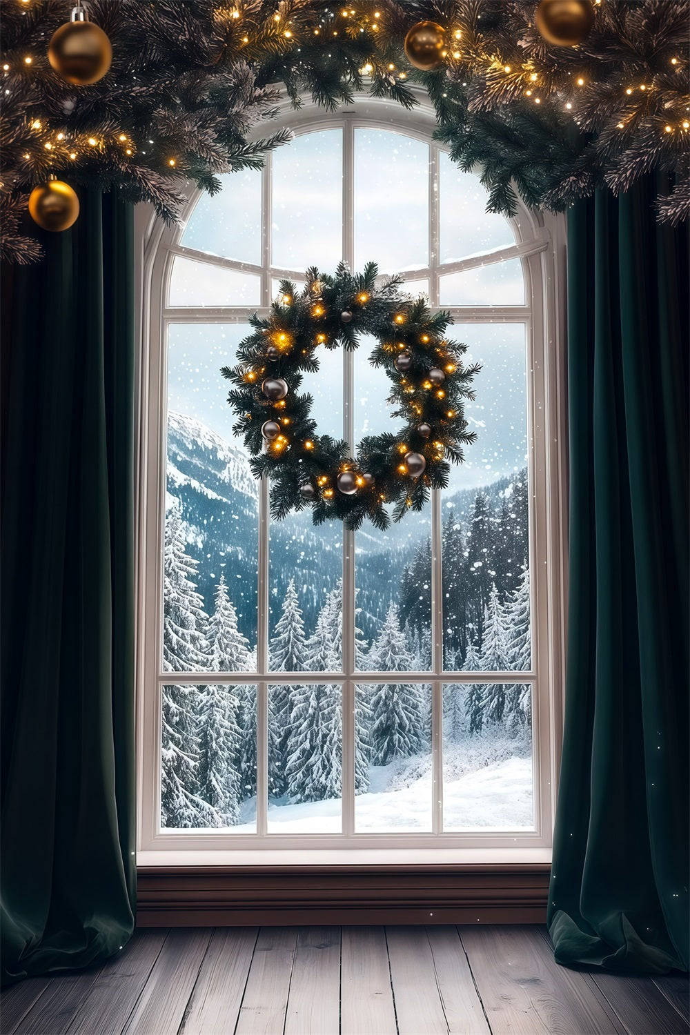 Christmas Window Backdrop Wreath Mountain Snow View Photo Christmas Backdrops UK RR69-58