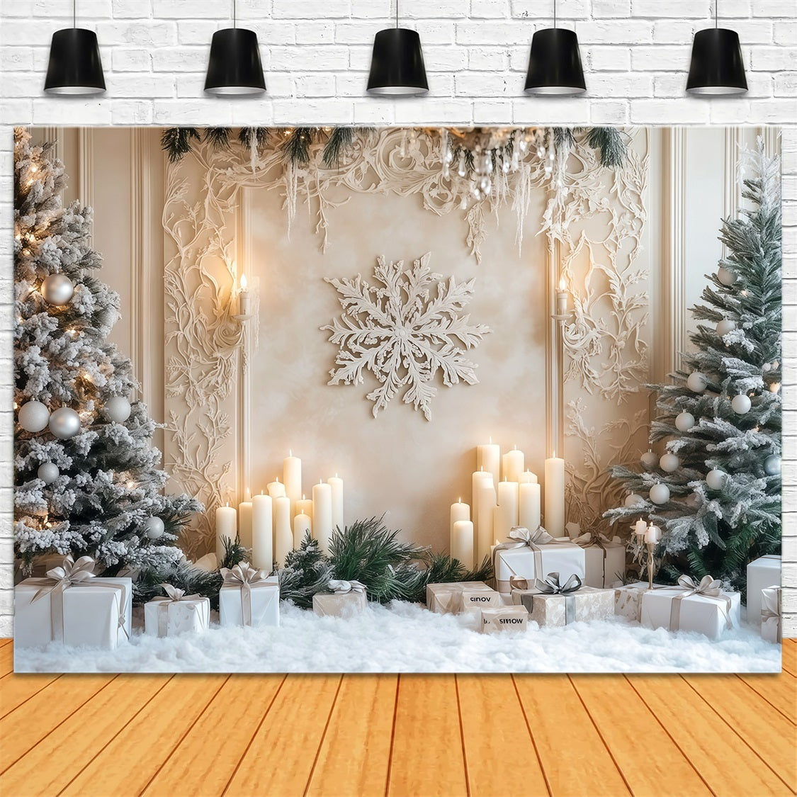 White Christmas Tree Backdrop Frosted Candle Snowflake Wall Photo Backdrop Christmas UK RR69-6