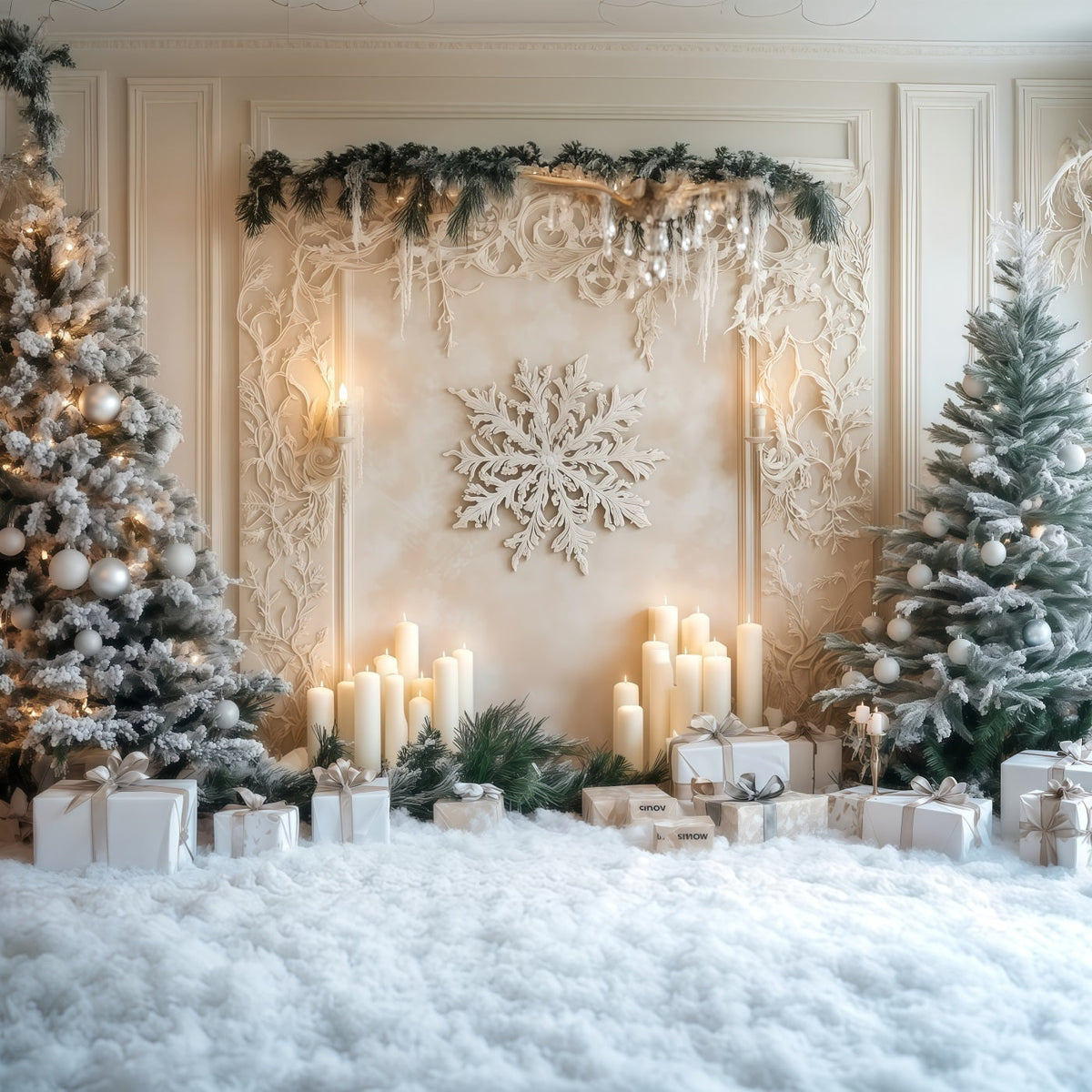 White Christmas Tree Backdrop Frosted Candle Snowflake Wall Photo Backdrop Christmas UK RR69-6