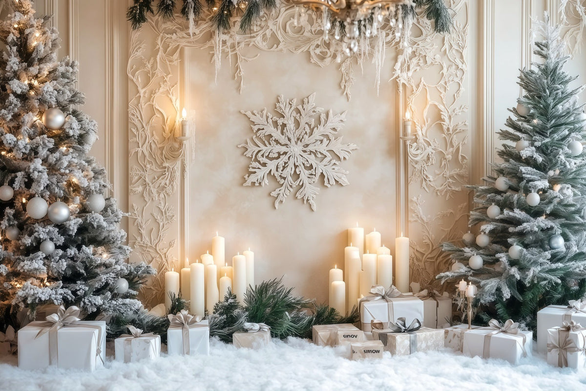 White Christmas Tree Backdrop Frosted Candle Snowflake Wall Photo Backdrop Christmas UK RR69-6
