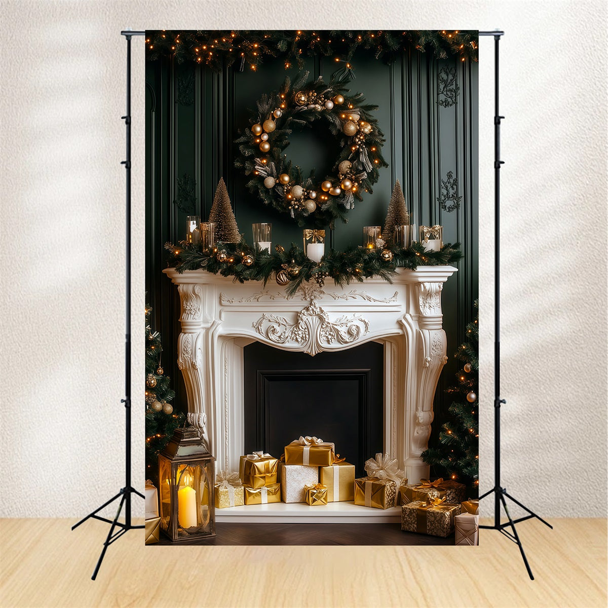Fireplace Christmas Backdrop Elegant Dark Mantel Glow Studio Christmas Backdrop UK RR69-60