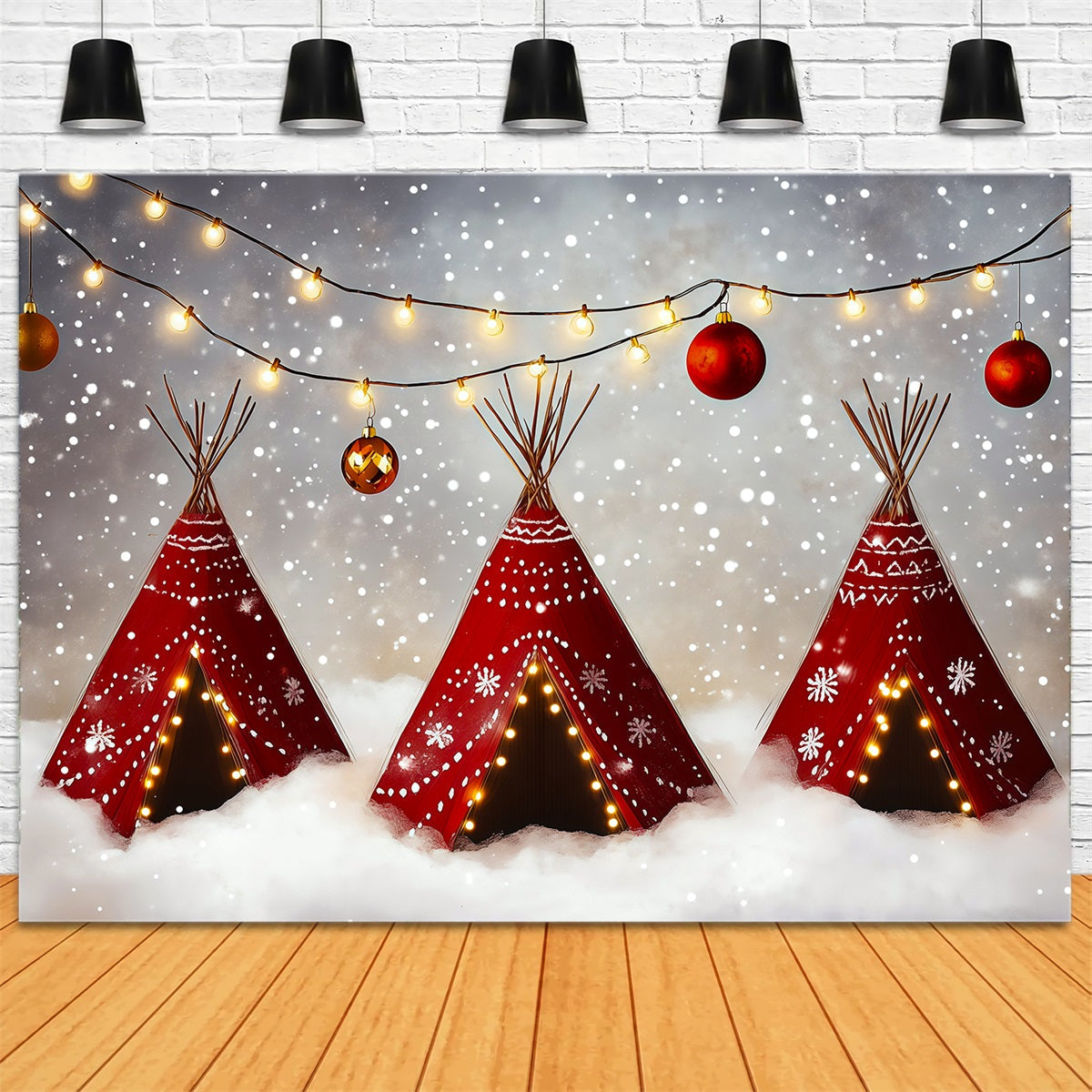 Cute Christmas Backdrop Snowy Teepee Lights Professional Christmas Backdrops UK RR69-61