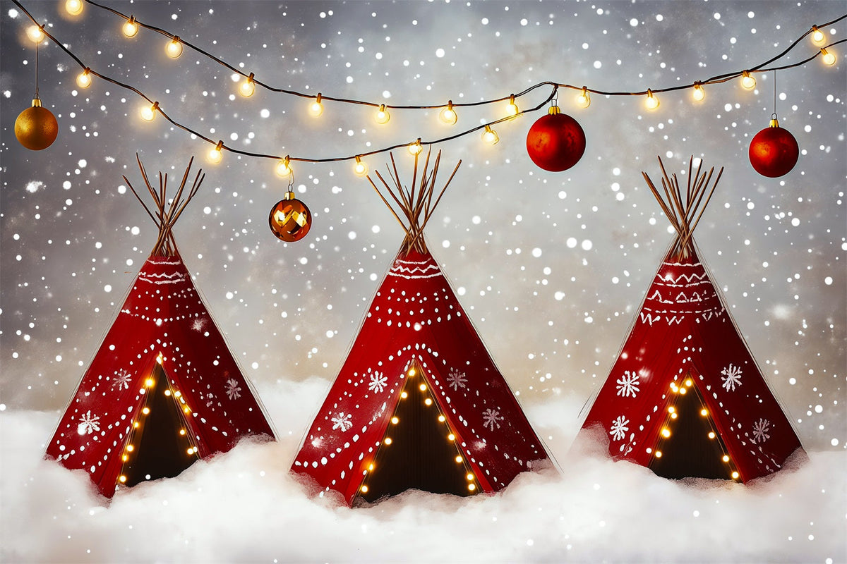 Cute Christmas Backdrop Snowy Teepee Lights Professional Christmas Backdrops UK RR69-61