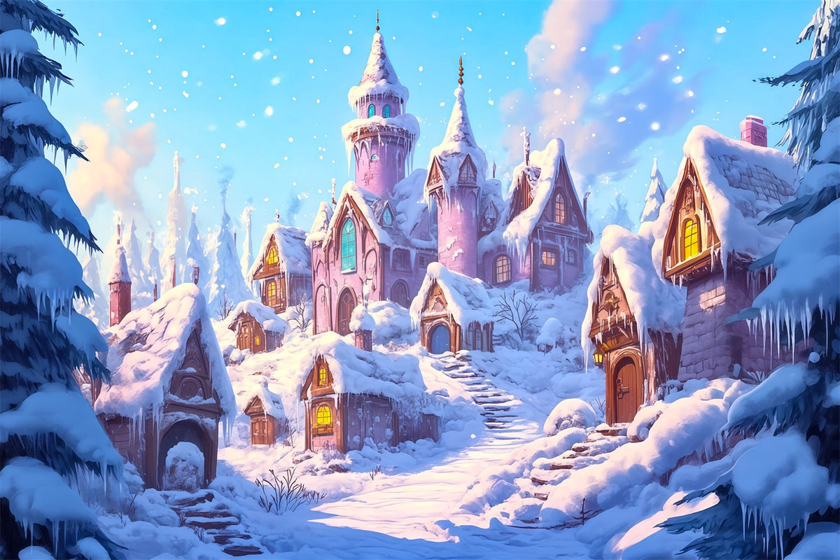 Pink Christmas Backdrop Snowy Village Castle Large Christmas Backdrops UK RR69-64