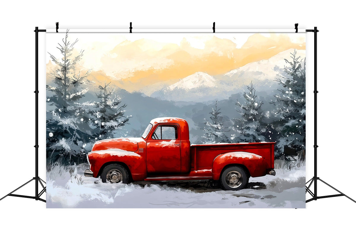 Red Truck Christmas Backdrop Winer Snowy Forest Christmas Wall Backdrop UK RR69-65