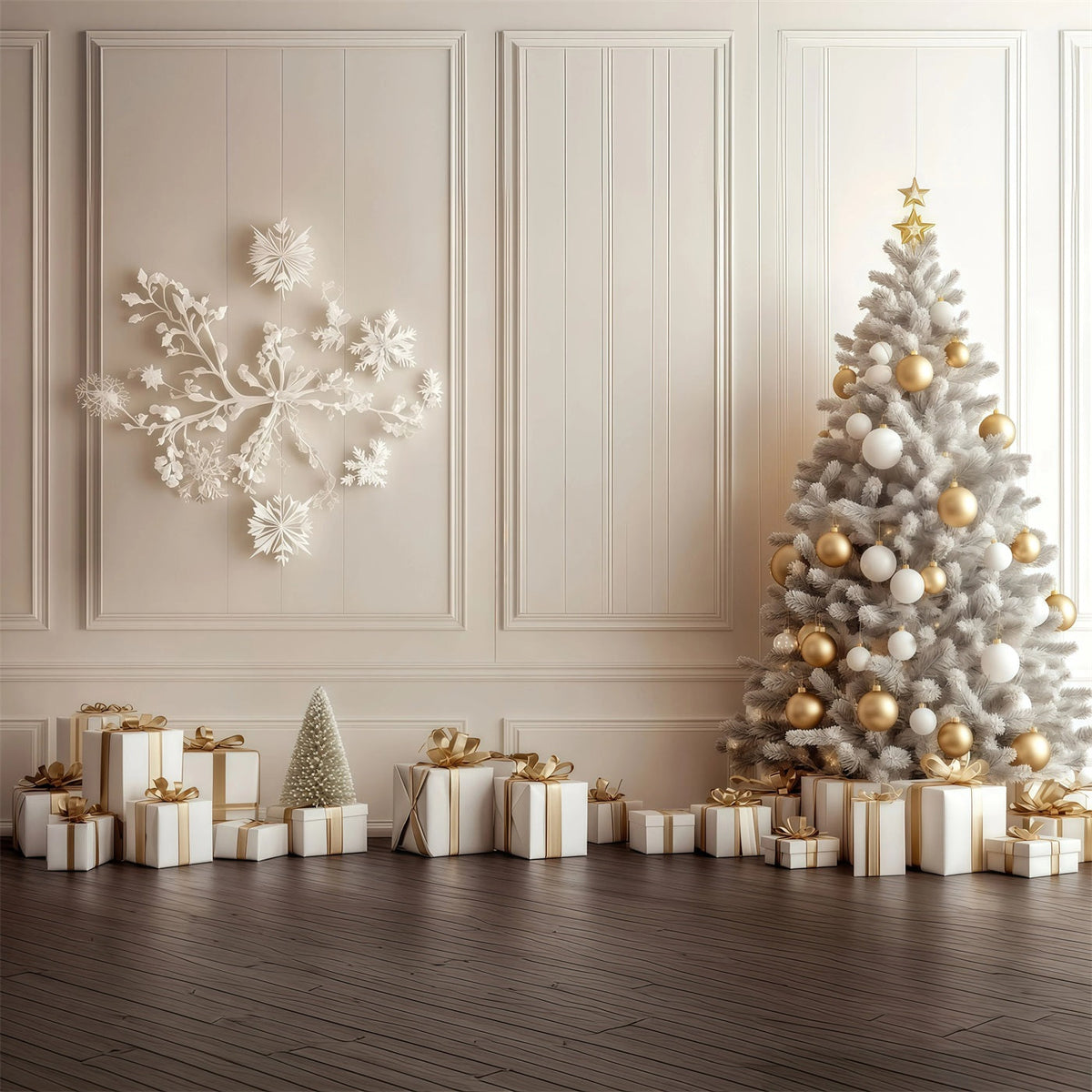 Christmas Wall Backdrop White Gold Tree Display Large Christmas Backdrops UK RR69-7
