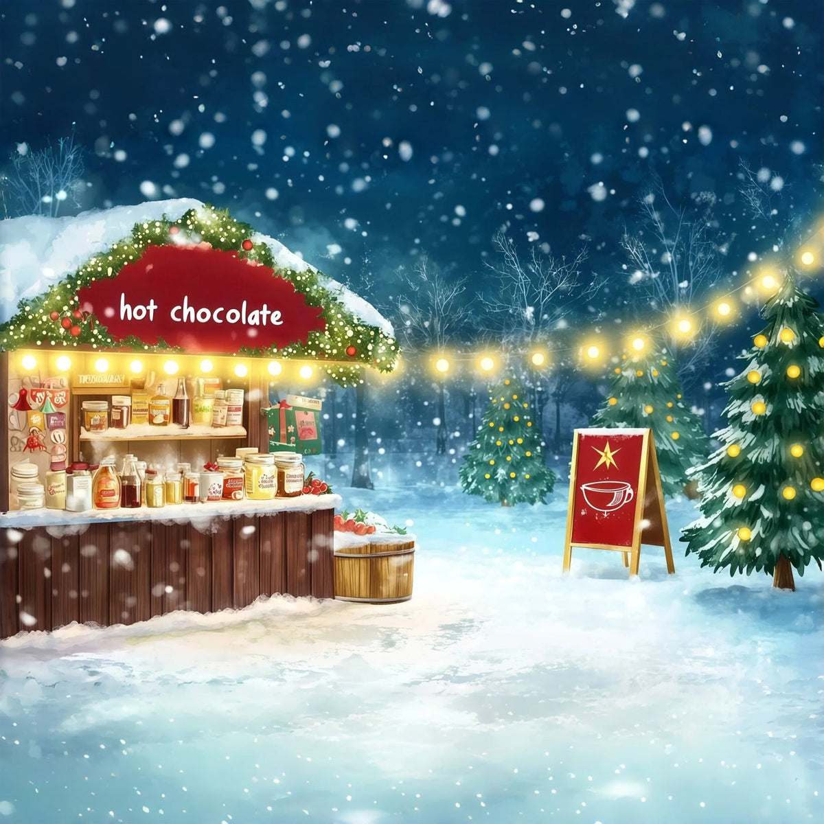 Snowy Christmas Backdrop Hot Chocolate Market Photography Backdrops Christmas UK RR69-70