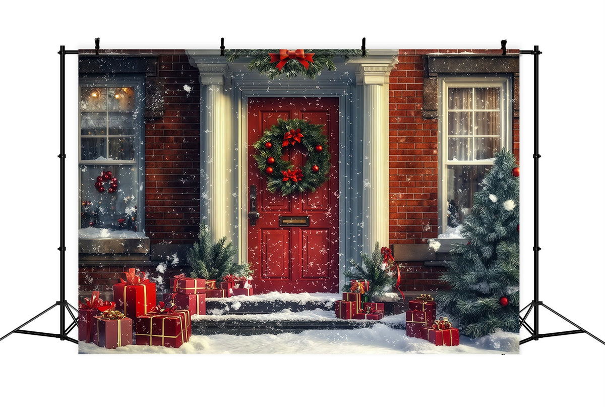 Christmas House Backdrop Snowy Red Door Gifts Photo Backdrops Christmas UK RR69-71