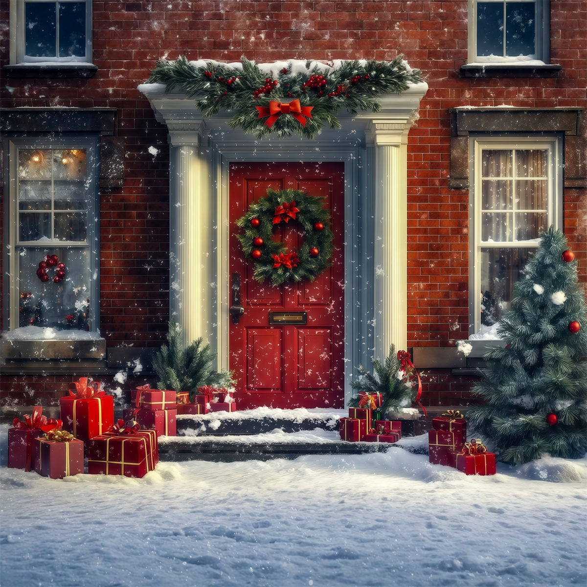 Christmas House Backdrop Snowy Red Door Gifts Photo Backdrops Christmas UK RR69-71