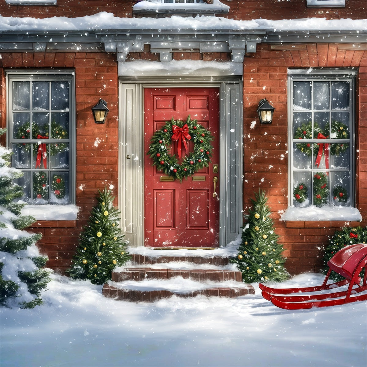 Christmas House Backdrop Snowy Red Door Sleigh Christmas Wall Backdrops UK RR69-72