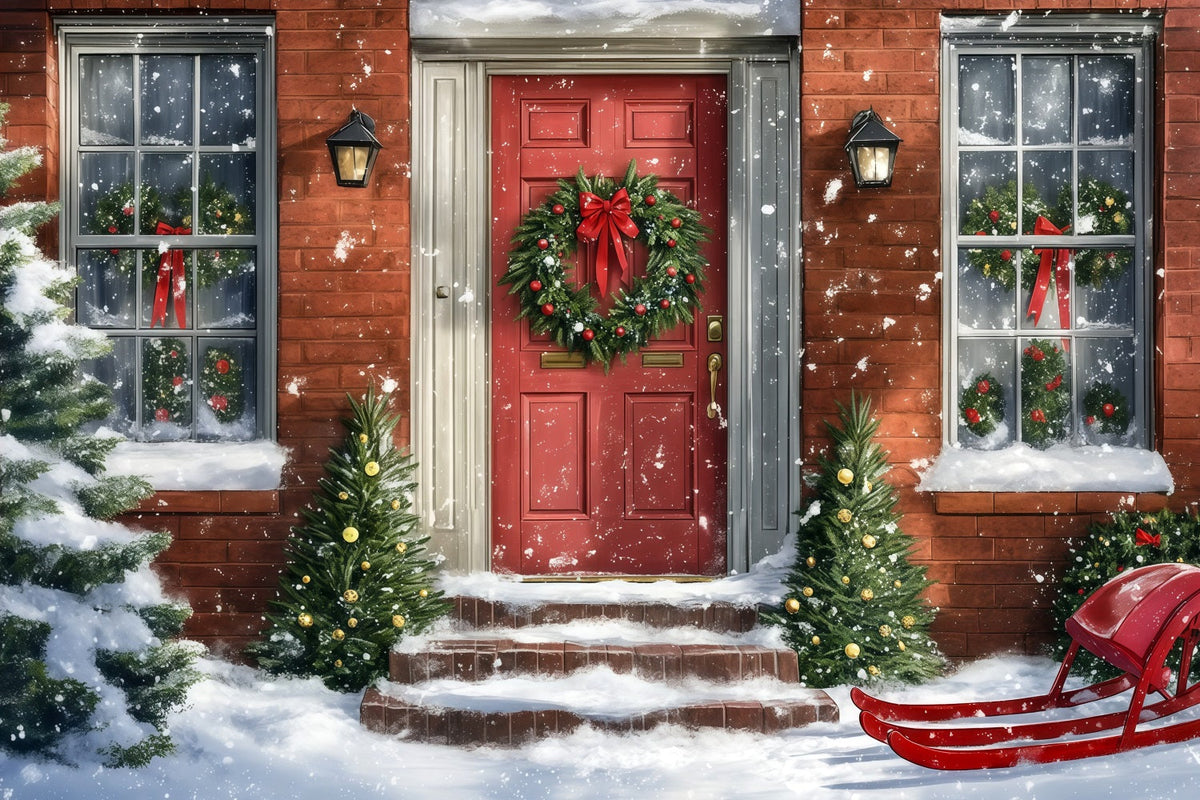 Christmas House Backdrop Snowy Red Door Sleigh Christmas Wall Backdrops UK RR69-72