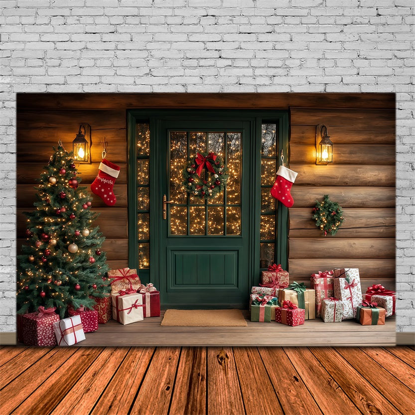 Christmas Cabin Backdrop Rustic Green Door Porch Christmas Studio Backdrop UK RR69-73