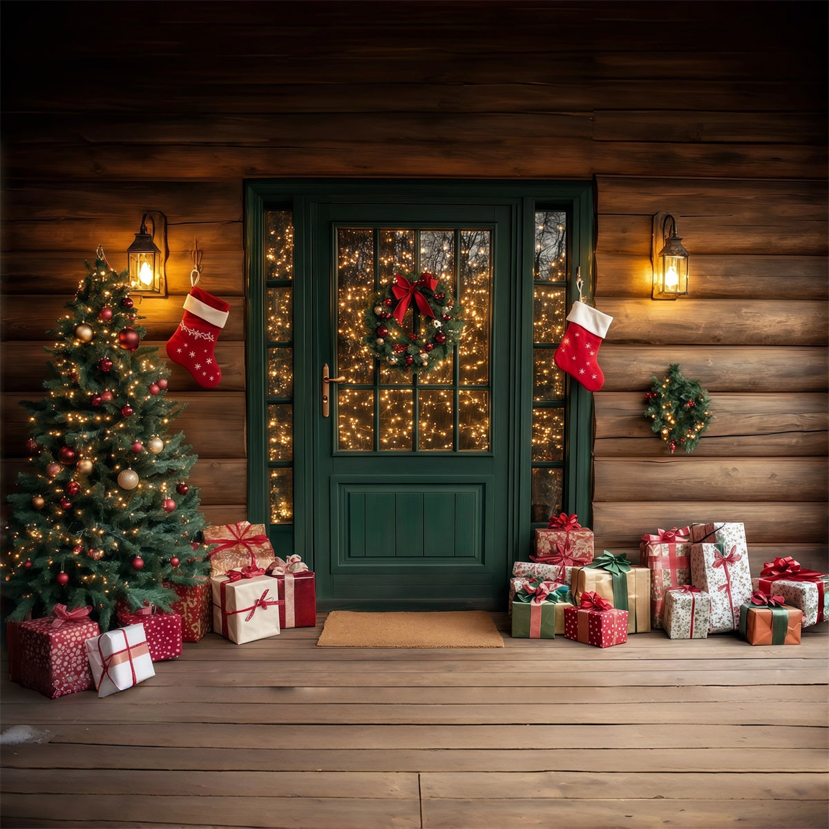 Christmas Cabin Backdrop Rustic Green Door Porch Christmas Studio Backdrop UK RR69-73