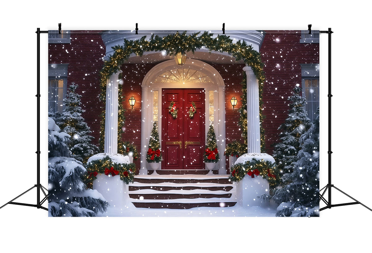 Christmas House Backdrop Snowy Grand Entrance Garland Photography Backdrop Christmas UK RR69-74